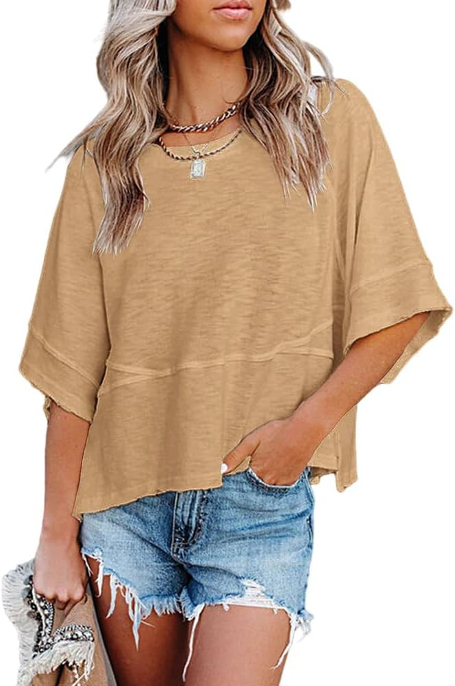 Women's Summer Casual Crewneck Batwing Half Sleeve T-Shirts Solid Color Loose Fit Cute Basic Flow... | Amazon (US)