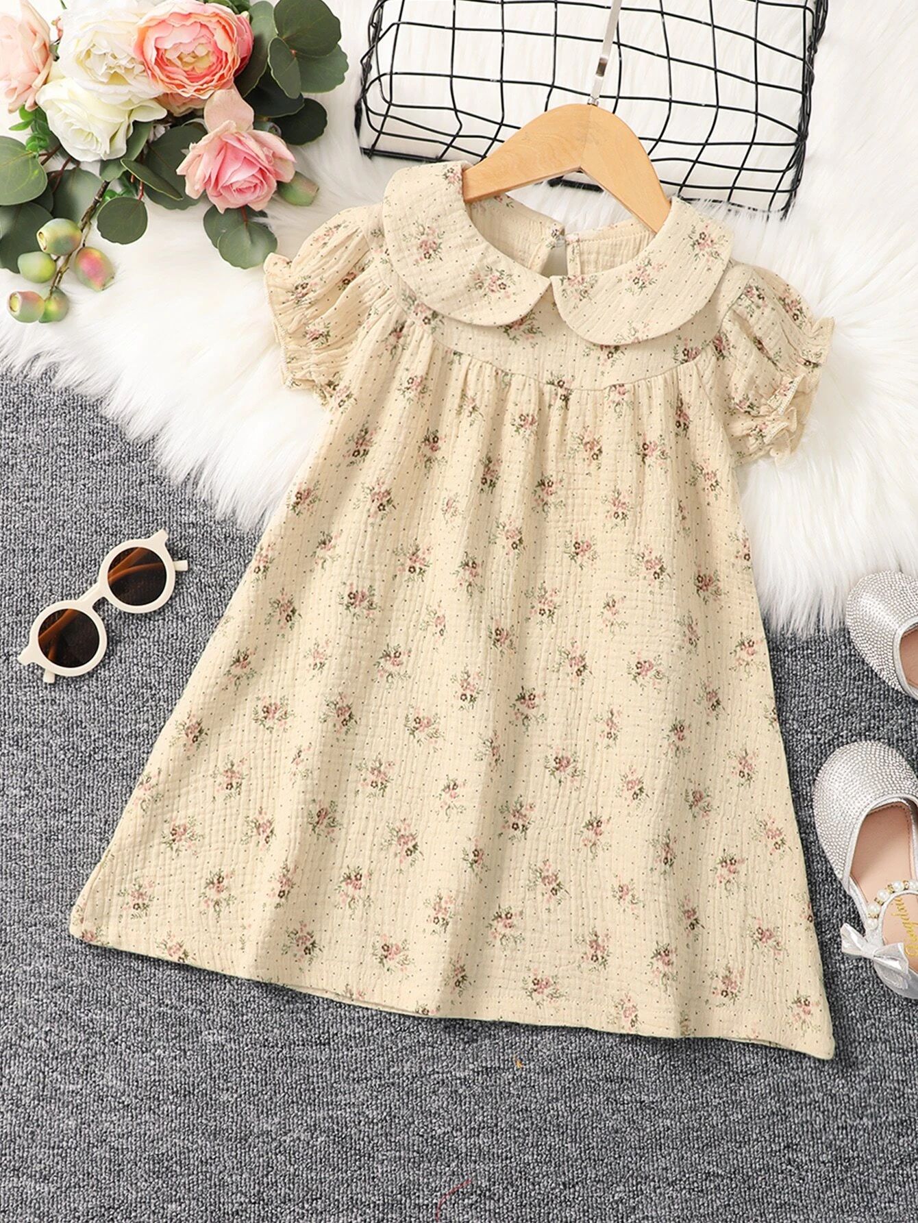Toddler Girls Floral & Polka Dot Print Puff Sleeve Dress | SHEIN