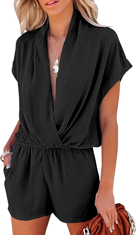 LYANER Women's Summer V Neck Wrap Ruched Front Pockets Short Sleeve Romper Jumpsuit | Amazon (US)