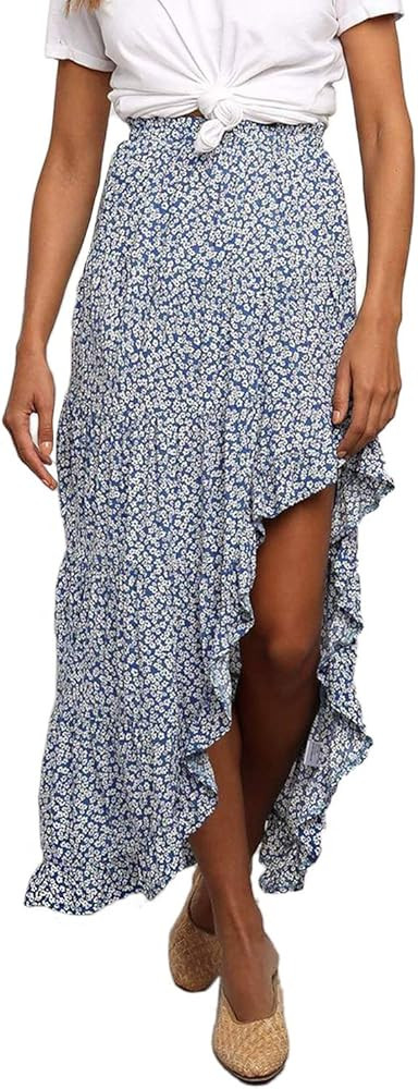 Women's High Waisted Floral Print Beach Boho Skirt Asymmetrical Dress | Amazon (US)