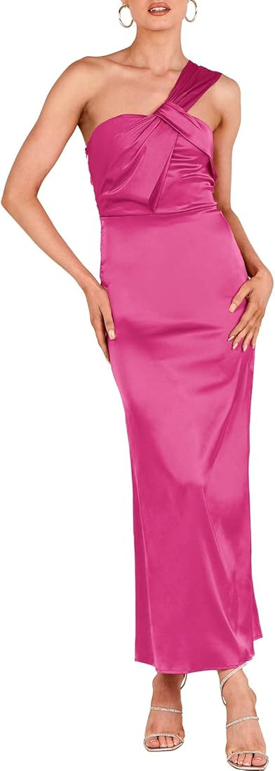 ANRABESS Women's Satin One Shoulder Wedding Guest Bodycon Dress Cocktail Evening Party Maxi Dress... | Amazon (US)