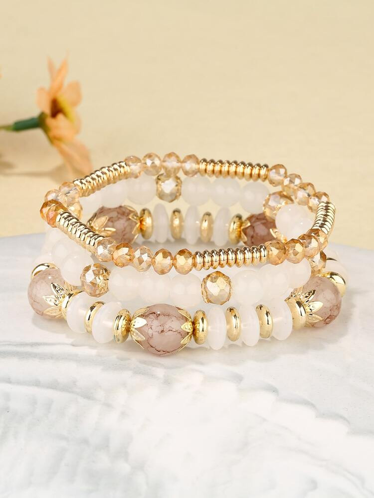 3pcs/set Crystal Beaded Bracelet Boho Faux Agate Pearl Tassel Chain Charm Beaded Bracelet Jewelry... | SHEIN