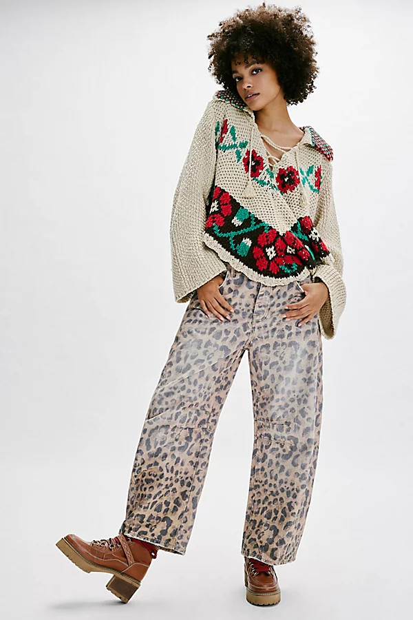 We The Free Good Luck Printed Barrel Jeans at Free People in Leopard, Size: 25 | Free People (UK)