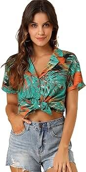 Allegra K Women's Hawaiian Shirts Leaves Printed Short Sleeve Tropical Button Down Shirt | Amazon (US)