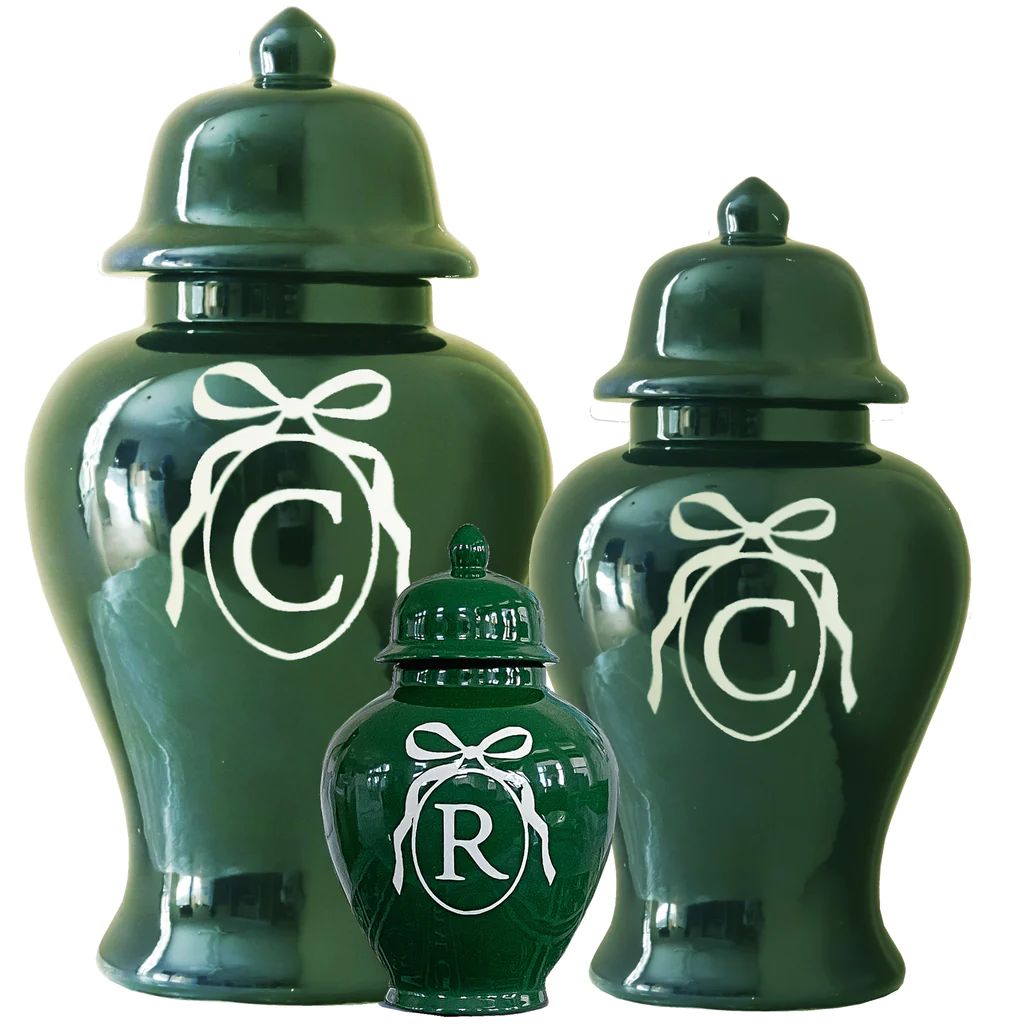 Monogrammed Bow Ginger Jars in Deep Emerald Green for Lo Home x Veronika's Blushing | Lo Home by Lauren Haskell Designs