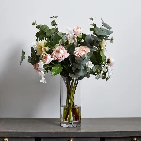 Blush Real Touch Ranunculus, Cream Dahlia & Eucalyptus Everyday Spring Floral Arrangement In Tall... | Wayfair North America