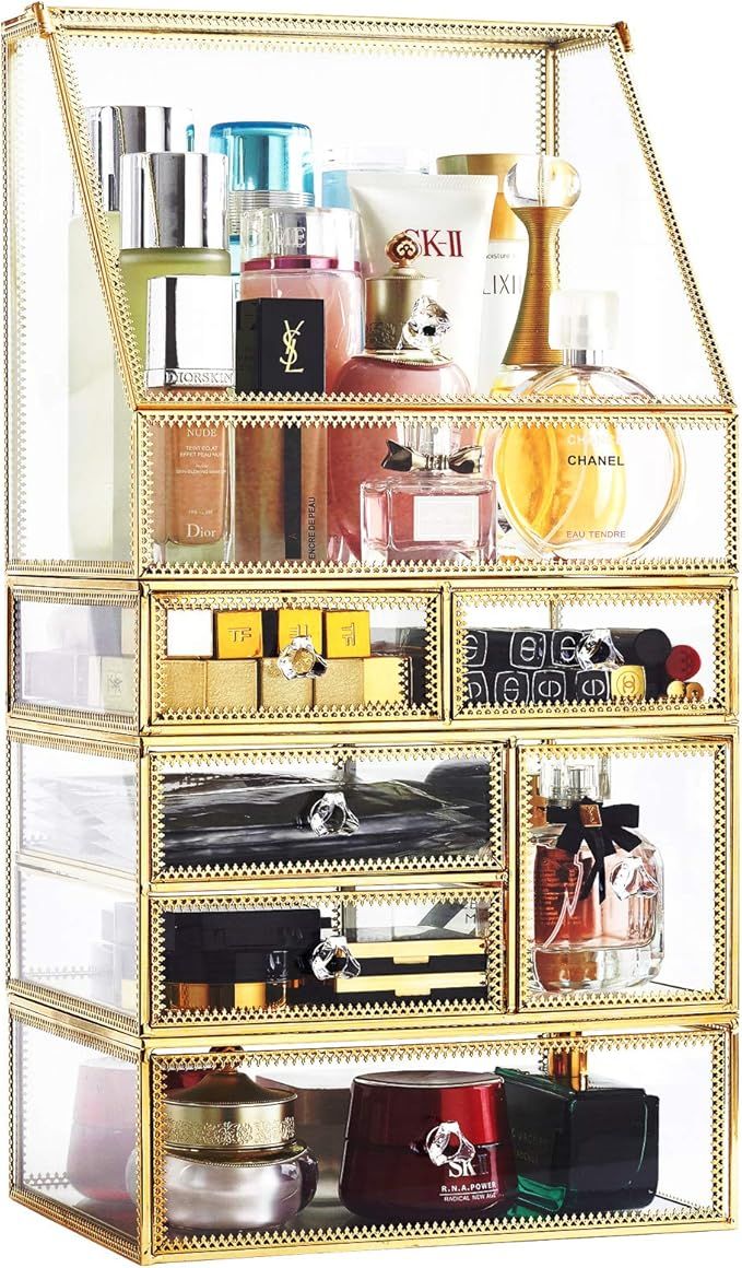 Antique Spacious Mirror Glass Drawers Set/ Vanity Dresser Gold Makeup Storage /Stunning Cube Beau... | Amazon (US)