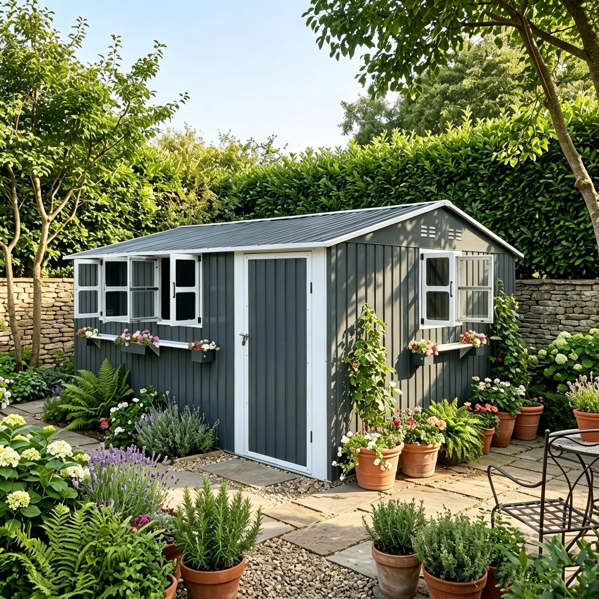 Premium 12 ft. W x 10 ft. D Metal Storage Shed with Windows, Flower Rack, and Lockable Door - All-Weather Waterproof Backyard Garden Cottage for Tools | Wayfair North America