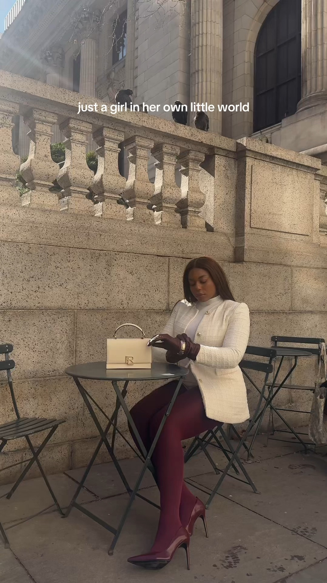 Just a girl in her own little world ✨ wearing the cutest white and burgundy winter outfit featuring a white tweed blazer, white turtleneck top, burgundy tights and matching heels, and a Ralph Lauren leather bag - linking style below so you can recreate this trendy outfit! … For more links to spring fashion, watchnow, coupon, sisterstudio, kohls.com, wedding guest dress, vacation outfits, easter, swim, resort wear, follow me on LTK! ✨

#LTKSeasonal #LTKStyleTip #LTKWatchNow