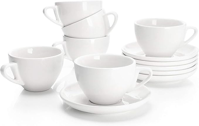 Sweese 6 Ounce Cappuccino Cups with Saucers, Porcelain Double Espresso Cups Set of 6 - White | Amazon (US)