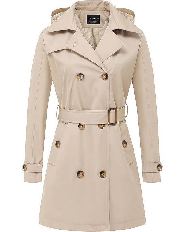 CREATMO US Women's Trench Coat Double-Breasted Classic Lapel Overcoat Belted Slim Outerwear Coat ... | Amazon (US)
