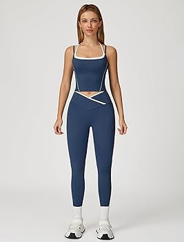 Amazon.com: ABOCIW Workout Sets for Women 2 Piece Color Block Layered Cropped Tank Top Crossover ... | Amazon (US)