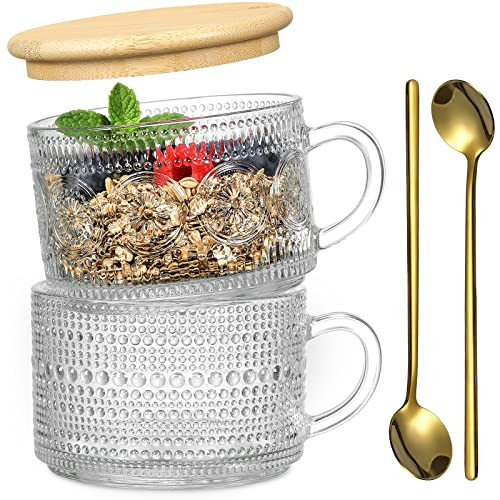 Vintage Coffee Mugs, Overnight Oats Containers with Bamboo Lids and Spoons - 14oz Clear Embossed Glass Cups, Cute Coffee Bar Accessories, Iced Coffee Glasses, Ideal for Cappuccino, Latte, 2 Pack | Amazon (US)