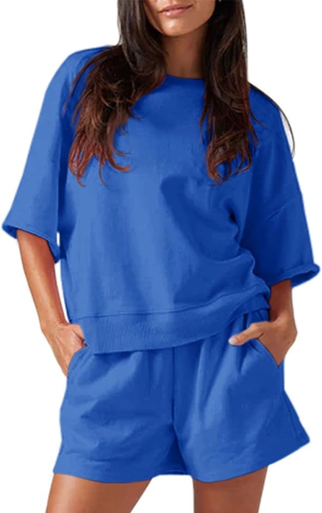 Fisoew Womens 2 Piece Outfits Casual Oversized Cropped Sweatshirt and High Waist Running Shorts T... | Amazon (US)