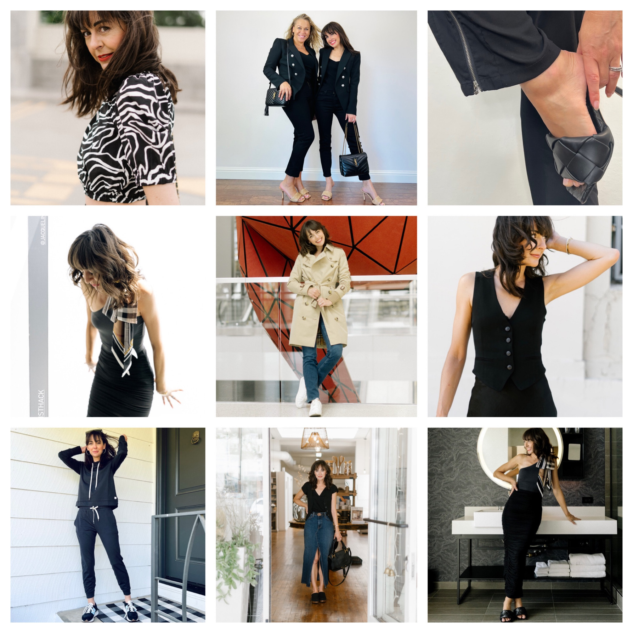 These are a few of my favorite things 
1. Black and White Crop Top
2. Veronica Beard Blazer
3. Bottega Heels
4. Long Burberry Scarf
5. Burberry Trench
6. Rag and Bone Vest
7. Vuori Joggers and Hoodie
8. Fidelity Jean Skirt
9. Convertible Skirt
