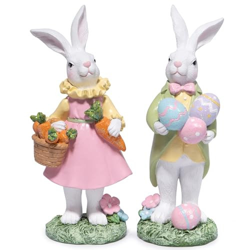 Hodao Easter Bunny Decoration Spring Rabbit Decor Gifts Handcrafted Resin Figurines Colorful and Charming Spring Decor for Home, and Holiday Celebrations (Set of 2) (White) | Amazon (US)