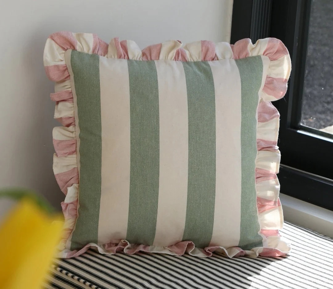 Beautiful Handmade Ruffled Cushion Cover in Designer Ian Mankin Devon Wide Stripe Cotton Fabric ... | Etsy (US)