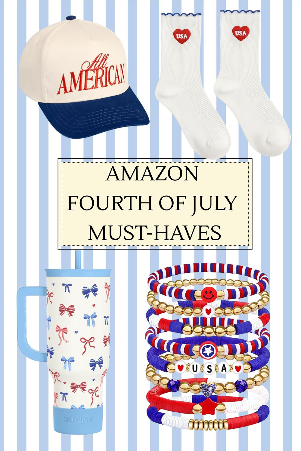 These Must-Haves are going to make your Fourth of July a whole lot cuter! Who doesn't want a cute trucker hat and USA socks that are usable throughout the year? Thirsty? No problem. You have an American trendy bow cup that will keep your drink cold throughout the fireworks! Fun bracelets? We got you covered!

#amazonaffiliate

#LTKootd #LTKSeasonal
