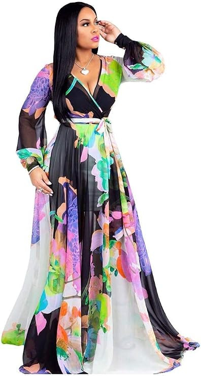 Nuofengkudu Womens Chiffon Deep V-Neck Stripe Printed Maxi Dress Unique Loose Summer Boho Dresses... | Amazon (US)