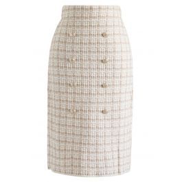 Buttons Decorated Grid Pencil Midi Skirt in Light Tan | Chicwish