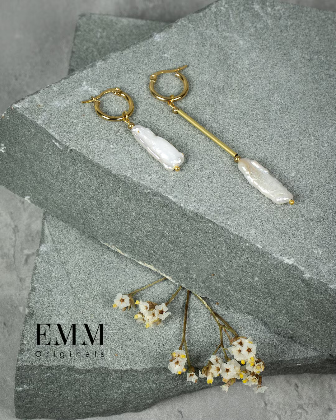 Hoop With Irregular Pearl Asymmetric Earrings | Brass and Long Pearl Hoop Latch Back | Stainless ... | Etsy (US)