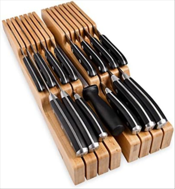 Click for more info about In-Drawer Bamboo Knife Block - Holds 14 Knives Plus a Slot for your Knife Sharpener, Premium Knif...