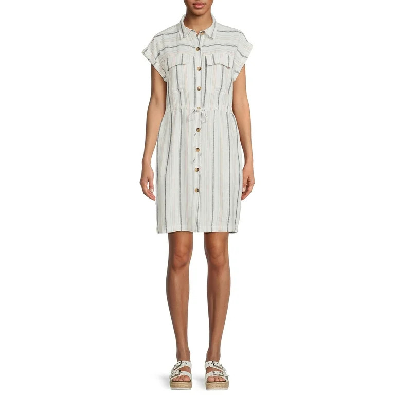 Time And Tru Women's Short Sleeve Woven Cinch Waist Shirt Dress - Walmart.com | Walmart (US)
