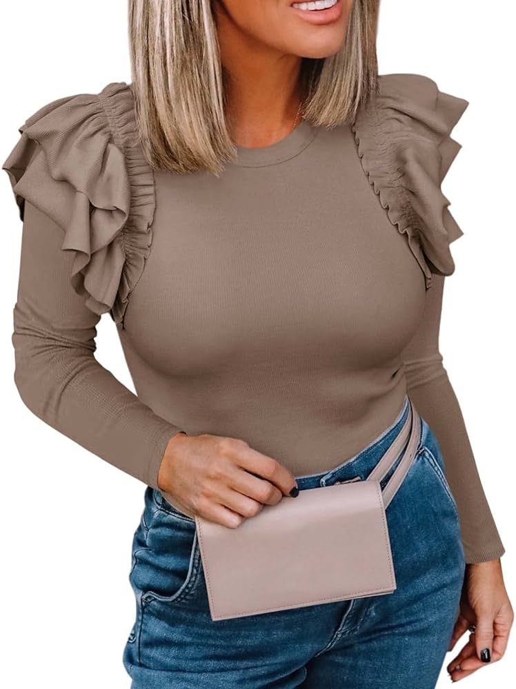 Womens Long Sleeve Ruffle Shirts Slim Fit High Neck Layer Shoulder Knit Ribbed Spring Fall Tops | Amazon (US)