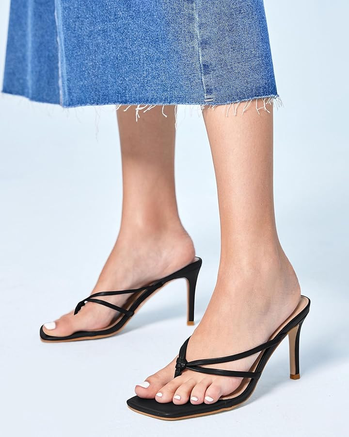 Coutgo Womens Strappy Heeded Sandals Square Toe Flip Flops Fashion Stiletto Thong Slip On Sandals | Amazon (US)