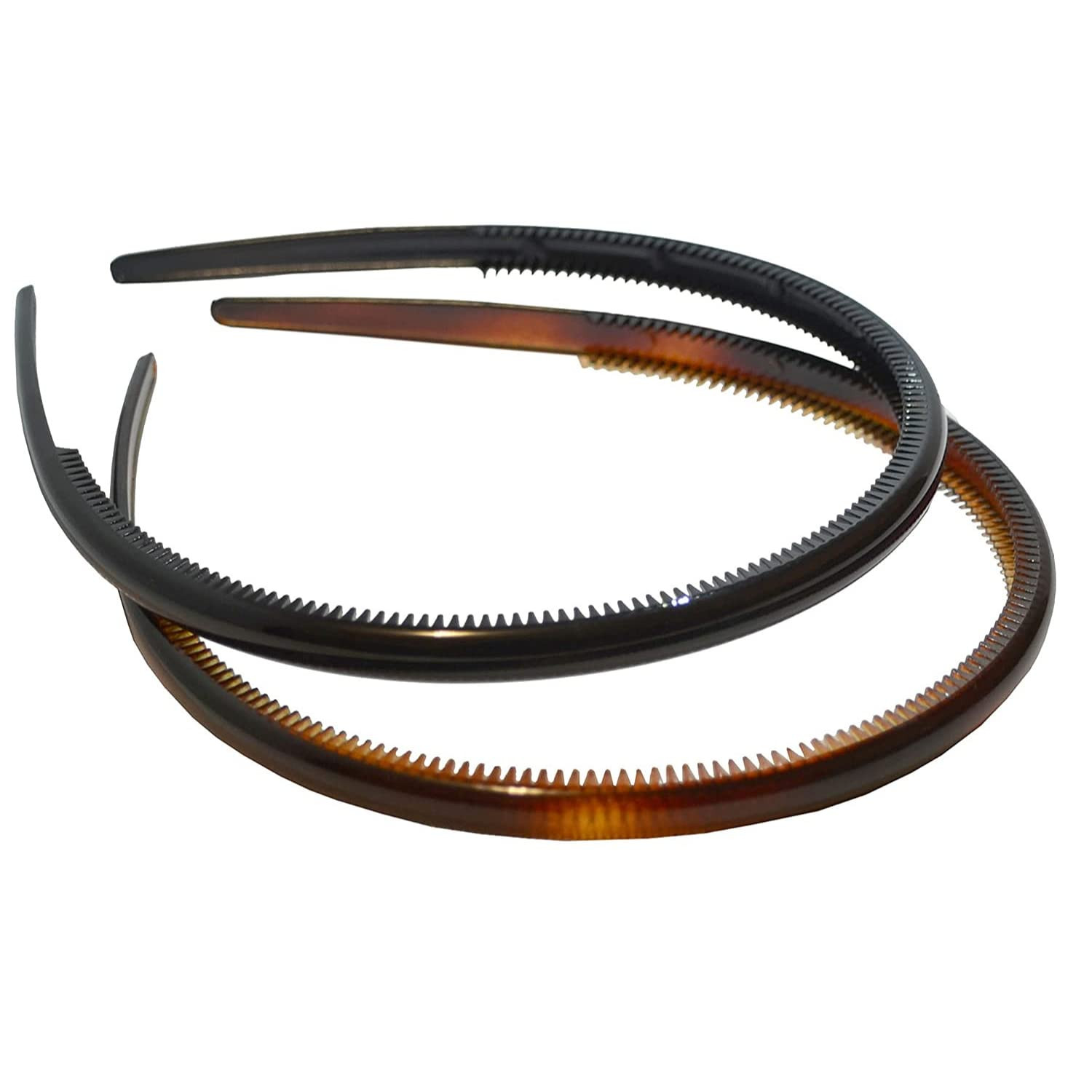 Parcelona French Thin Set of 2 Tortoise Shell Brown and Black Hair Headbands with Inner Teeth Nib... | Amazon (US)