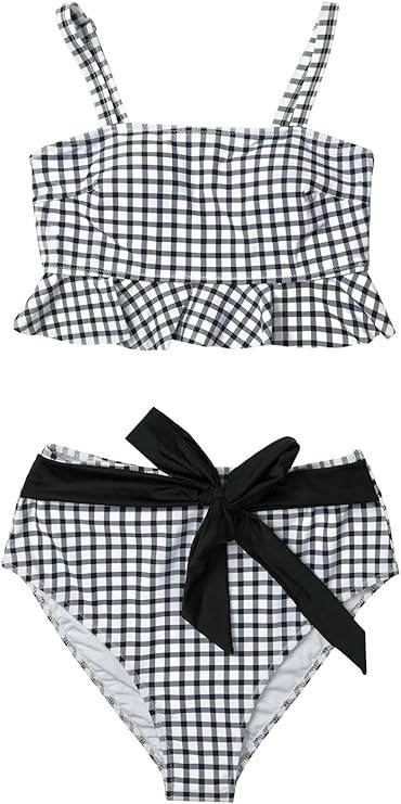CUPSHE Women's Black White Gingham Swimsuit Ruffles Two Pieces Bikini Set | Amazon (US)