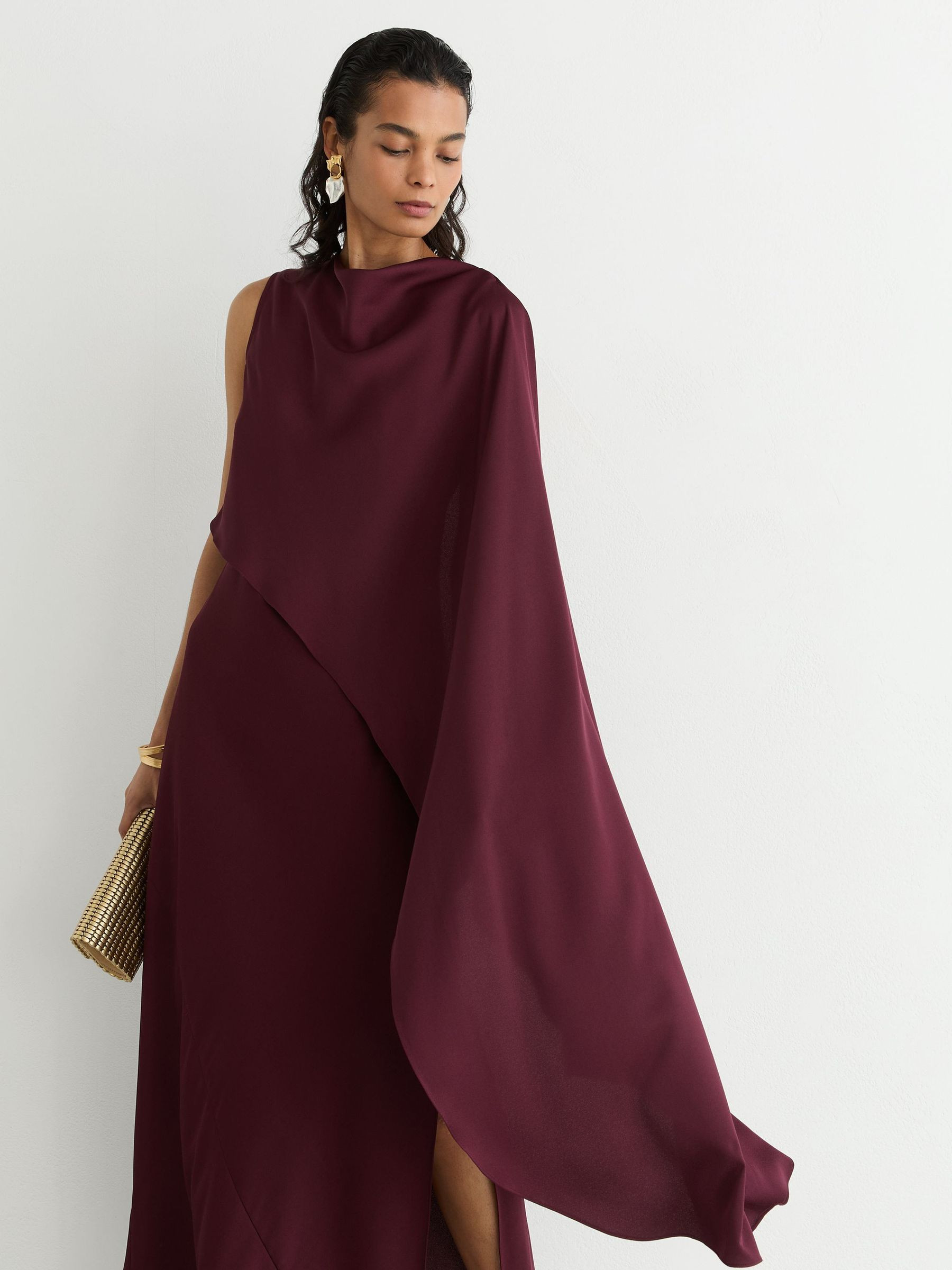 Reiss Asymmetric Cape-Detail Maxi Dress in Berry Red | REISS | Reiss US