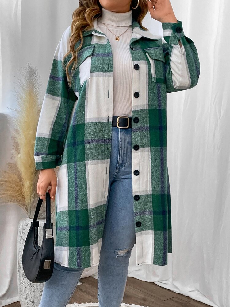 Plus Plaid Print Drop Shoulder Coat | SHEIN