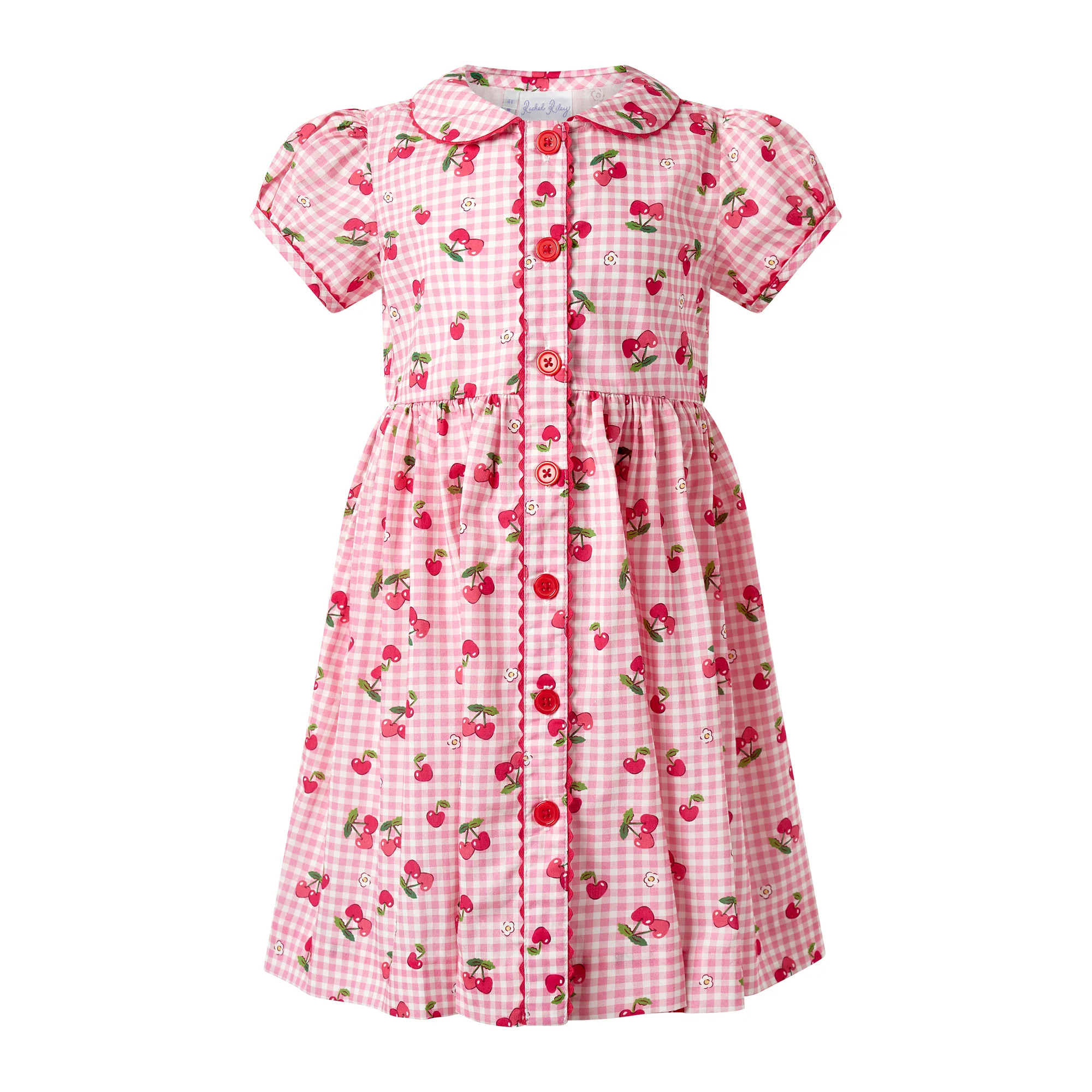 Gingham Cherry Button Front Dress | Rachel Riley