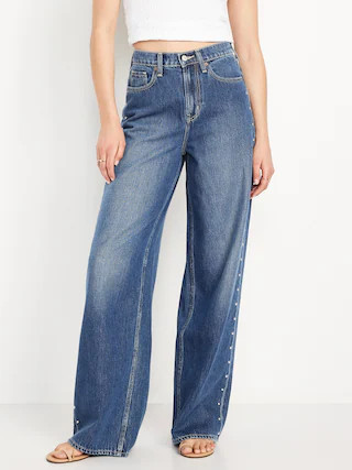 High-Waisted Baggy Wide-Leg Studded Jeans | Old Navy (CA)