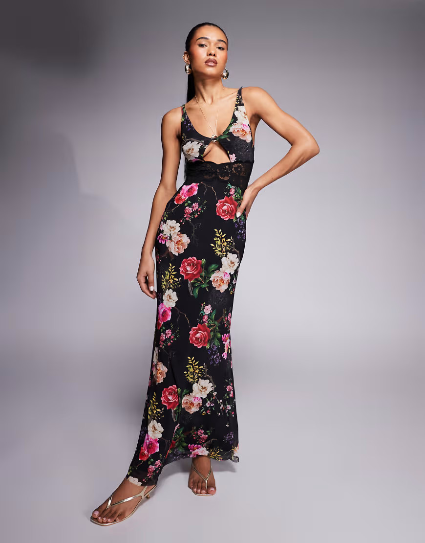 AFRM lace cut out maxi dress in black summer rose print | ASOS (Global)