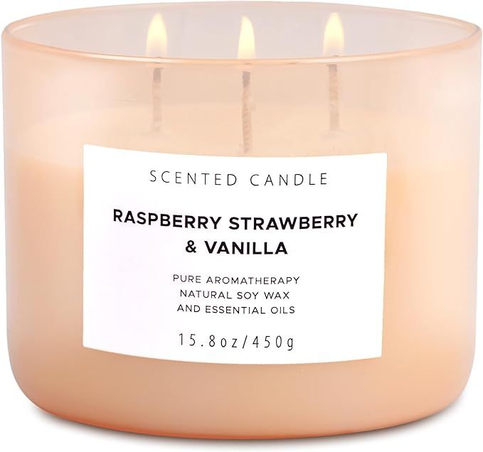 Raspberry Strawberry Vanilla Scented Candles for Home | Natural 3 Wick Soy Candle | Calming Aroma... | Amazon (US)