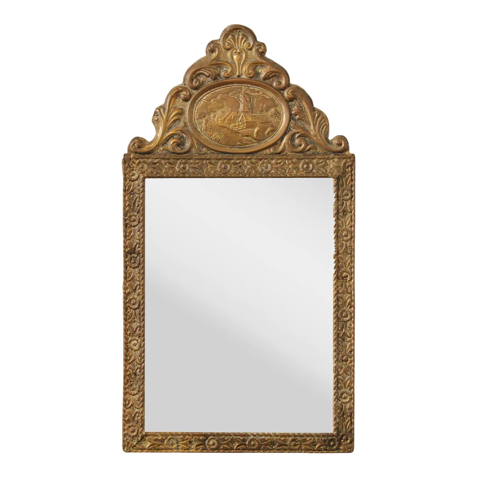 Antique French Repousse Brass Beveled Mirror | Chairish