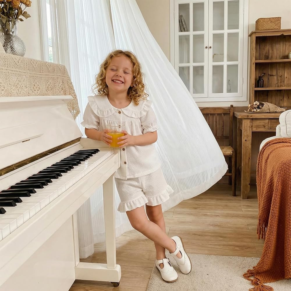 Baby Girl Summer Clothes Peter Pan Collar Puff Sleeve Button Up Shirt Ruffle Shorts Set Toddler 2... | Amazon (US)