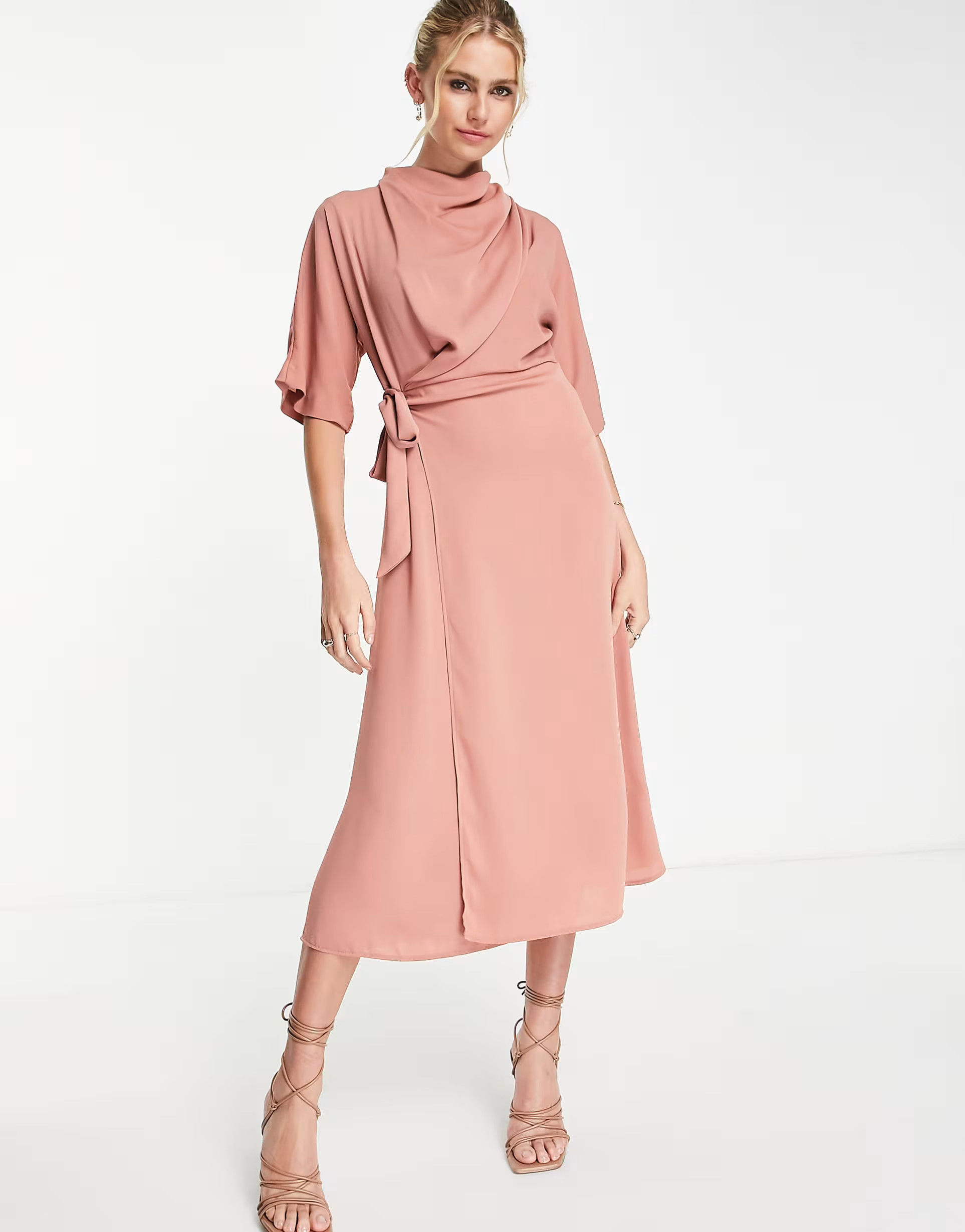 ASOS DESIGN cowl neck midi dress with wrap skirt in teracotta | ASOS (Global)