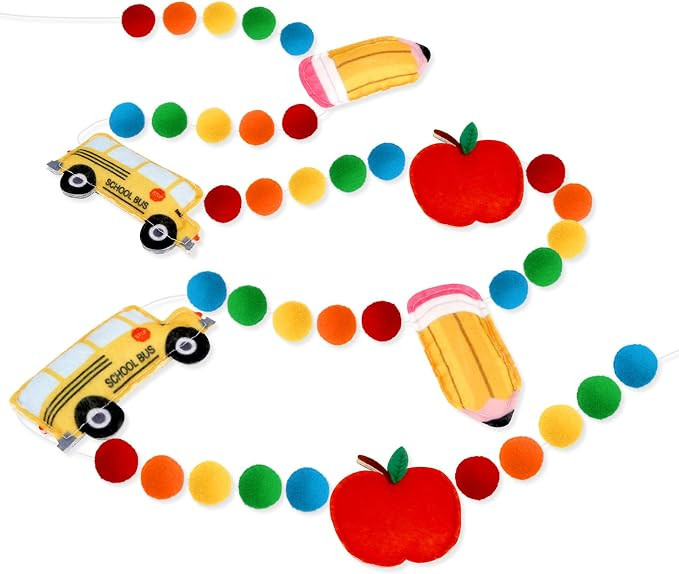 Back to School Decorations 7.5 Ft Felt Pompom Banner Pencil Apples School Bus Felt Ball Pre-Assem... | Amazon (US)