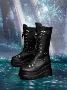 ROMWE Goth Buckle Decor Lace-up Front Wedge Boots
   SKU: rx2205118223634455      
          (38 ... | SHEIN
