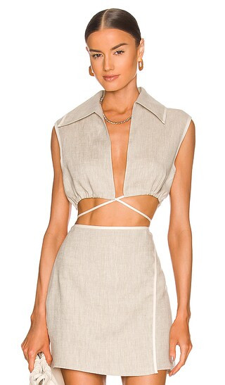 Sleeveless Spread Collar Crop Top in Oatmeal Linen | Revolve Clothing (Global)