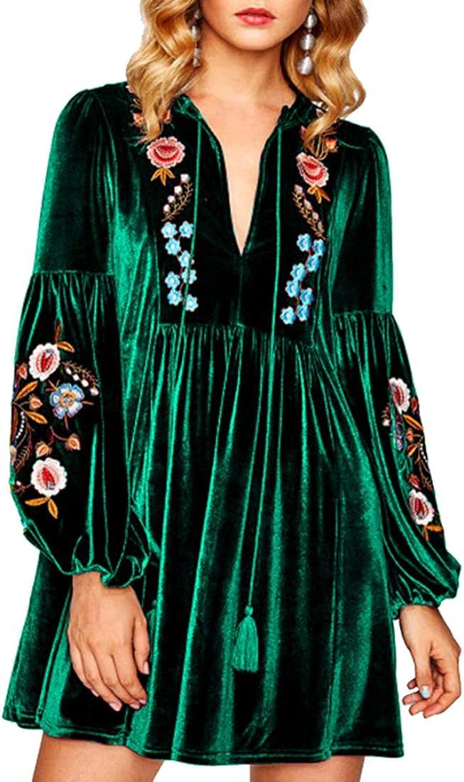 Women Bohemian Vintage Embroidered Velvet Spring Shift Mini Dress Long Sleeve Casual Tops Blouse | Amazon (US)