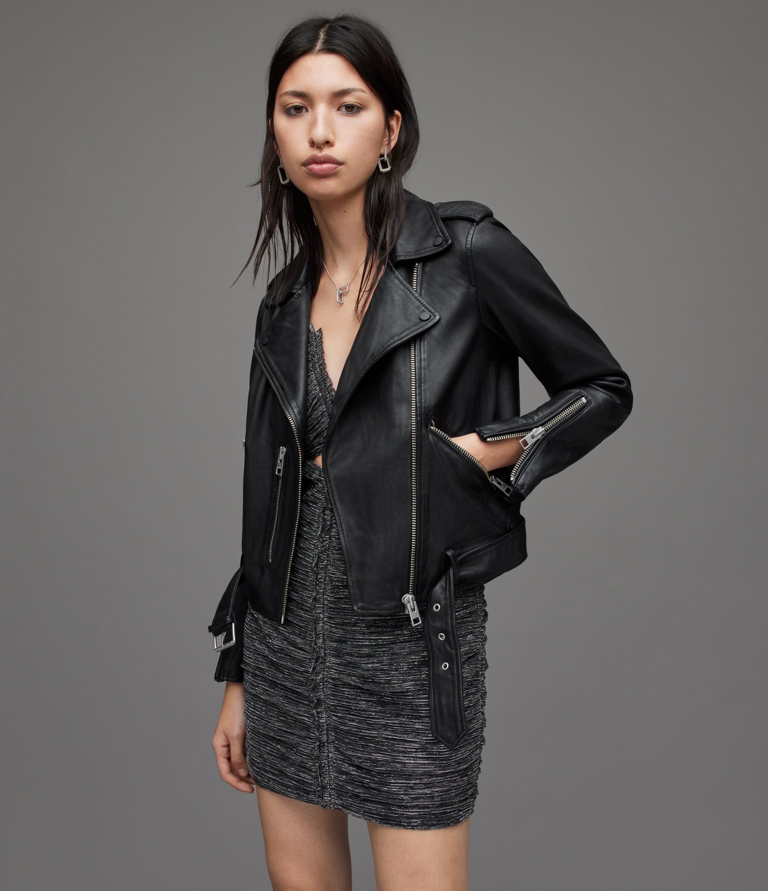 AllSaints Women's Slim Fit Balfern Leather Biker Jacket, Black, Size: UK 10/US 6 | AllSaints US