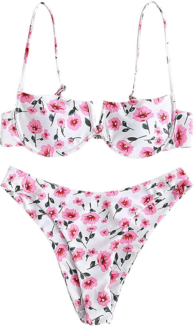 ZAFUL Women's Floral V-Wired Underwire High Leg Two Piece Bikini Set Swimsuit | Amazon (US)