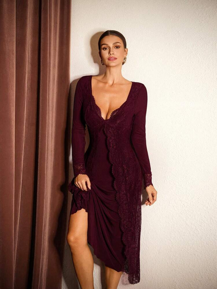 Camicia Da Notte Lunga In Maglia Con Bordo In Pizzo, Camicia Da Notte, Inverno | SHEIN