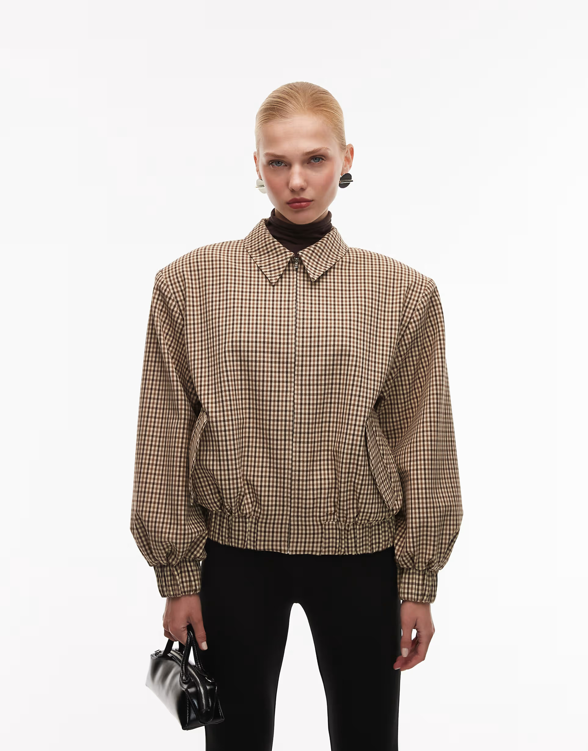 ASOS DESIGN bold shoulder zip up bomber jacket in mono check | ASOS (Global)