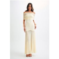 Caspian Slinky And Mesh Off Shoulder Maxi Dress - Ivory | MESHKI US