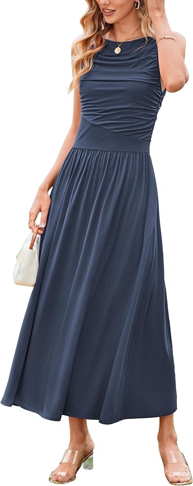 Newshows Women 2025 Summer Maxi Dresses Vacation Ruched Boat Neck Tank Flowy Elegant Party Long F... | Amazon (US)